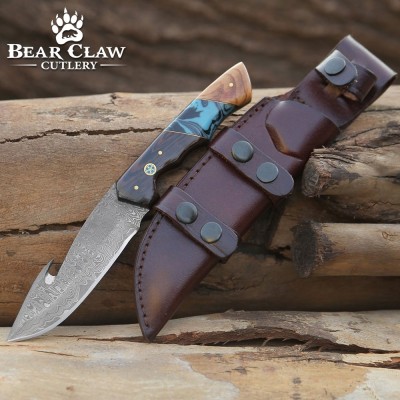 Damascus Gut Hook Knife with Wenge Wood & Turquoise Handle