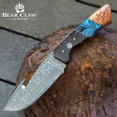 Damascus Gut Hook Knife with Wenge Wood & Turquoise Handle