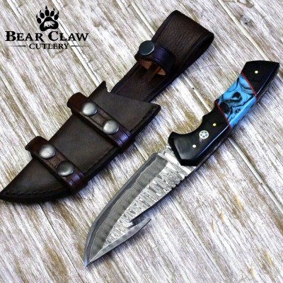 Damascus Gut Hook Knife with Horn & Turquoise Handle