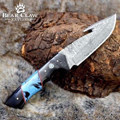 Damascus Gut Hook Knife with Horn & Turquoise Handle