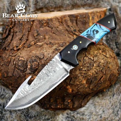 Damascus Gut Hook Knife with Horn & Turquoise Handle