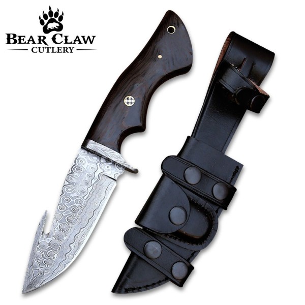 Captain Damascus Hunting Knife with Gut Hook & Exotic Wenge Wood Handle