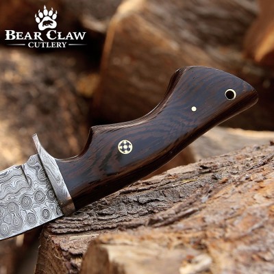 Damascus Hunting Knife with Gut Hook & Exotic Wenge Wood Handle