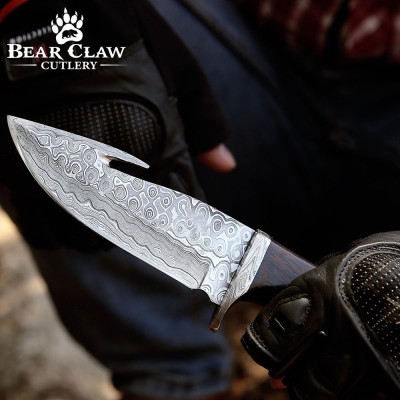 Damascus Hunting Knife with Gut Hook & Exotic Wenge Wood Handle