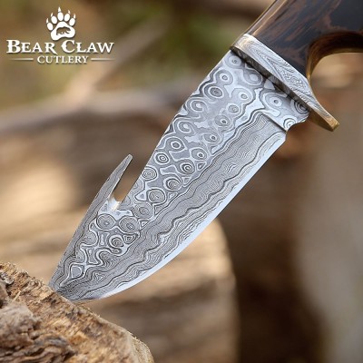 Damascus Hunting Knife with Gut Hook & Exotic Wenge Wood Handle