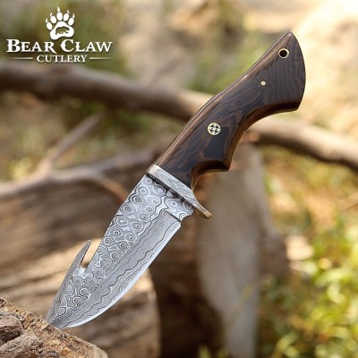 Damascus Hunting Knife with Gut Hook & Exotic Wenge Wood Handle