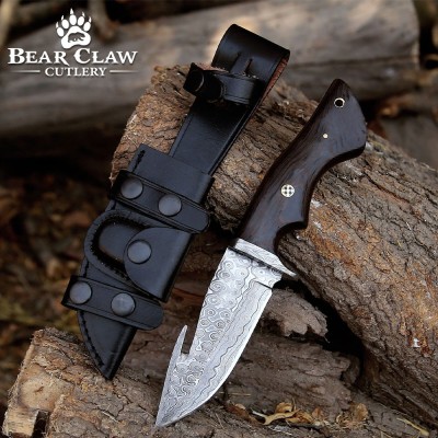 Damascus Hunting Knife with Gut Hook & Exotic Wenge Wood Handle