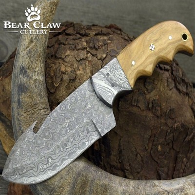 Damascus Gut Hook Knife with Olive Wood Handle