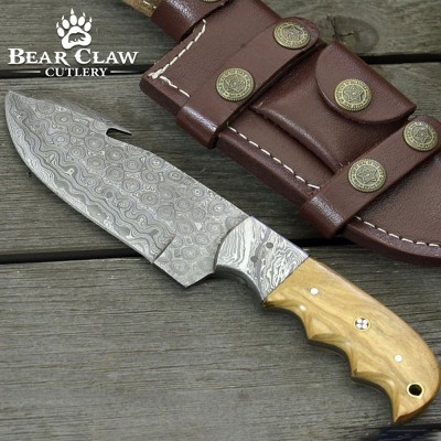 Damascus Gut Hook Knife with Olive Wood Handle