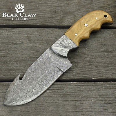 Damascus Gut Hook Knife with Olive Wood Handle