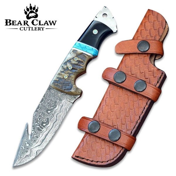 Vertex Damascus Gut Hook Knife with Ram Horn & Turquoise Handle