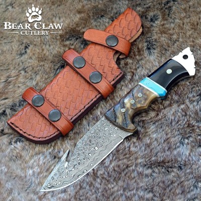 Damascus Gut Hook Knife with Ram Horn & Turquoise Handle