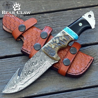 Damascus Gut Hook Knife with Ram Horn & Turquoise Handle