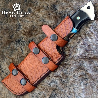 Damascus Gut Hook Knife with Ram Horn & Turquoise Handle