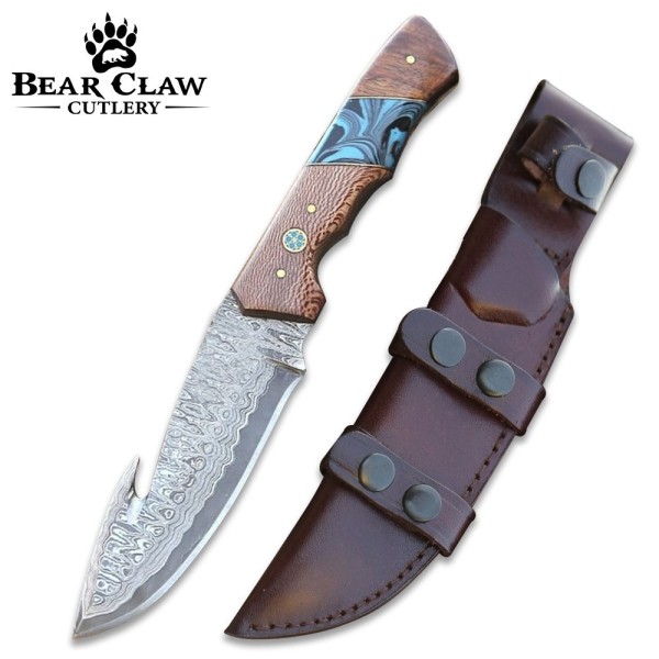 Python Damascus Gut Hook Knife with Exotic Leopard Wood & Turquoise Handle