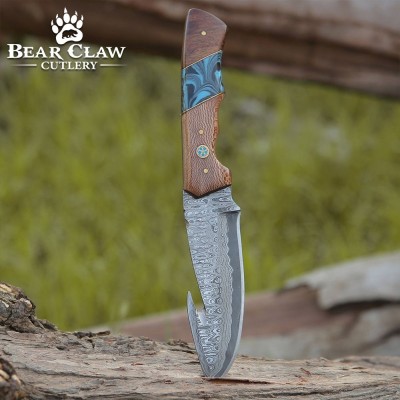 Damascus Hunting Knife with Gut Hook & Exotic Leopard Wood Handle