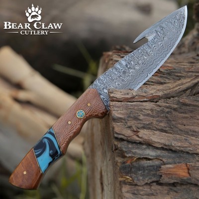 Damascus Hunting Knife with Gut Hook & Exotic Leopard Wood Handle