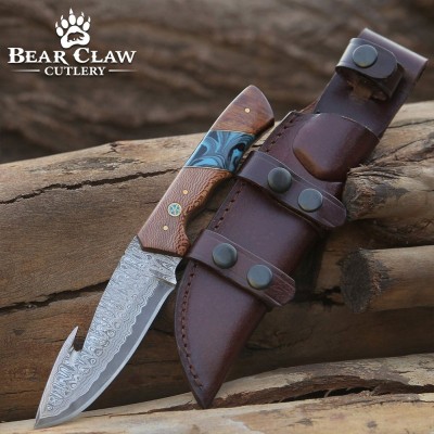 Damascus Hunting Knife with Gut Hook & Exotic Leopard Wood Handle