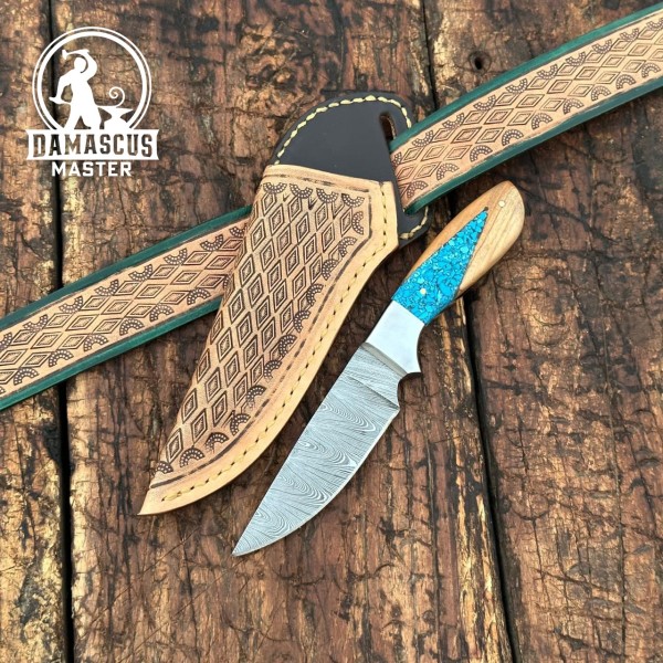 Canyon Damascus Skinner Knife with Hand tooled Sheath