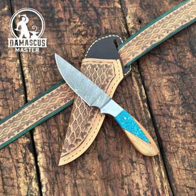 Canyon Damascus Skinner Knife | Hand Tooled Sheath | Hunting Knife