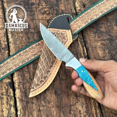 Canyon Damascus Skinner Knife | Hand Tooled Sheath | Hunting Knife