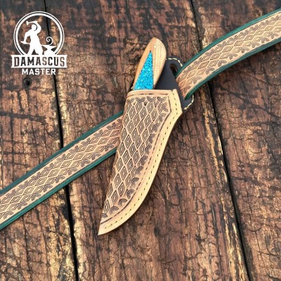 Canyon Damascus Skinner Knife | Hand Tooled Sheath | Hunting Knife