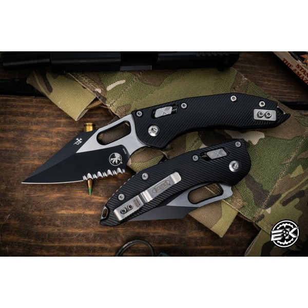 Microtech/Borka Blades Stitch Ram-LOK Manual Folder Black Fluted Aluminum 3.75" Black Serrated