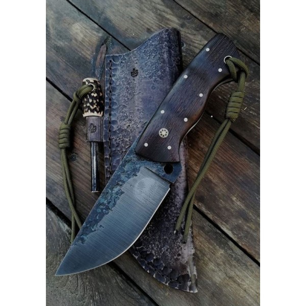 Rustic Handmade Hunting Knife with Dark Wooden Handle