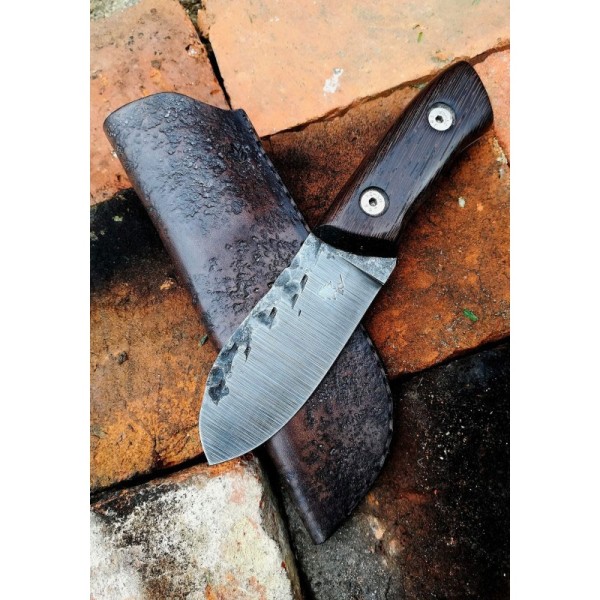Rustic Bushcraft Knife with Dark Wooden Handle and Leather Sheath