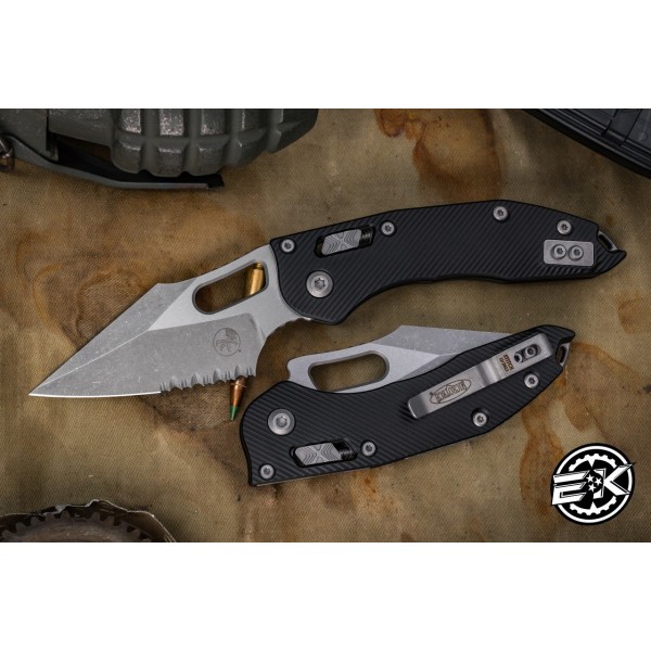 Microtech/Borka Stitch Ram-Lok Manual Folder Black Fluted Aluminum 3.75" AP Stonewash Serrated