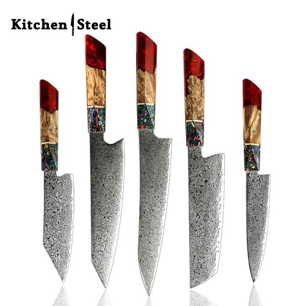 Pristine Japanese Chef Knife Set with VG-10 Damascus Steel Exotic Stabilized Olive Wood Handle