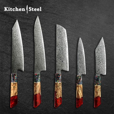 Pristine VG10 Damascus Knife Set with Olive Wood Handle