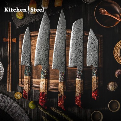 Pristine VG10 Damascus Knife Set with Olive Wood Handle