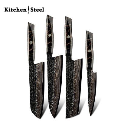 Starfall Copper Damascus Knife Set with Raffir Noble Handle