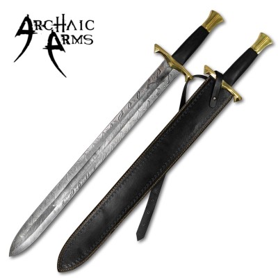 Hand-Forged Medieval Damascus Steel Sword with Brass Guard