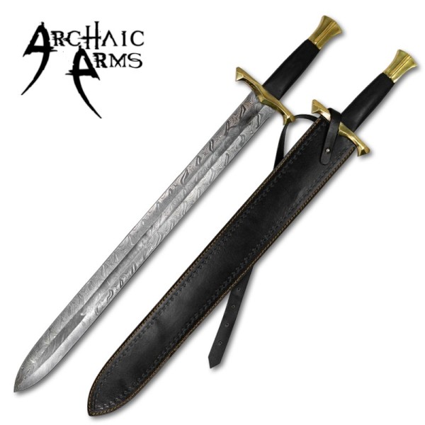 Pursuit of Honor Medieval Damascus Steel Sword with Leather Wrapped Handle