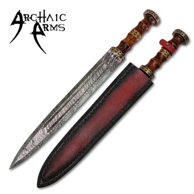 Hand-Forged Damascus Gladius Short Sword with Leather Sheath