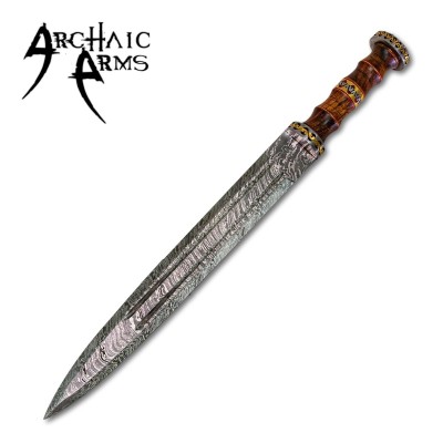 Hand-Forged Damascus Gladius Short Sword with Leather Sheath