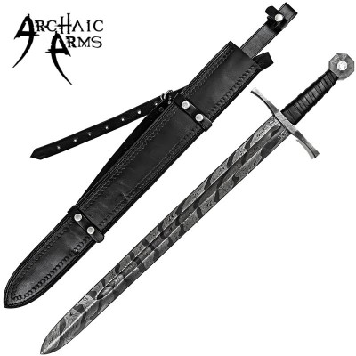 Damascus Steel Medieval Sword – Full Tang with Leather Sheath