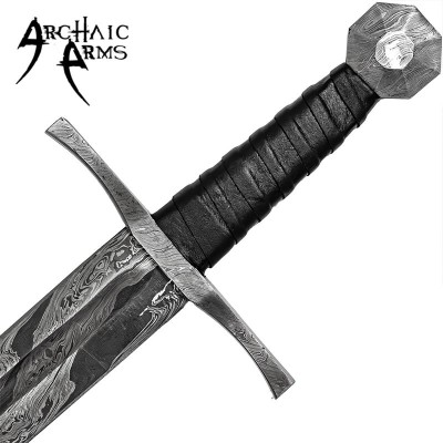 Damascus Steel Medieval Sword – Full Tang with Leather Sheath