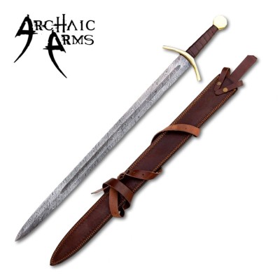 Kingslayer Damascus Steel Arming Sword with Leather Sheath