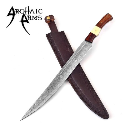 Hand-Forged Damascus Germanic Long Sword with Leather Sheath