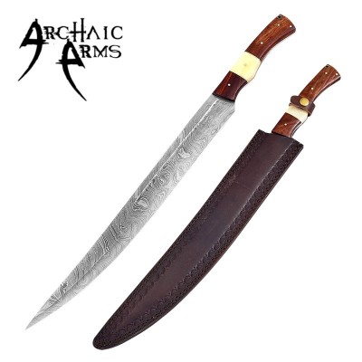 Hand-Forged Damascus Germanic Long Sword with Leather Sheath