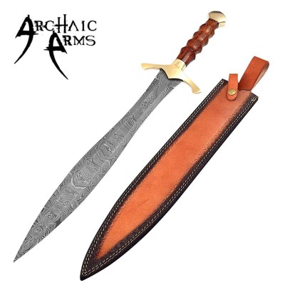 Hand-Forged Damascus Steel Leaf Blade Sword with Leather Sheath