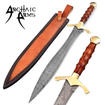 Hand-Forged Damascus Steel Leaf Blade Sword with Leather Sheath