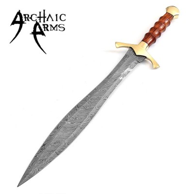 Hand-Forged Damascus Steel Leaf Blade Sword with Leather Sheath