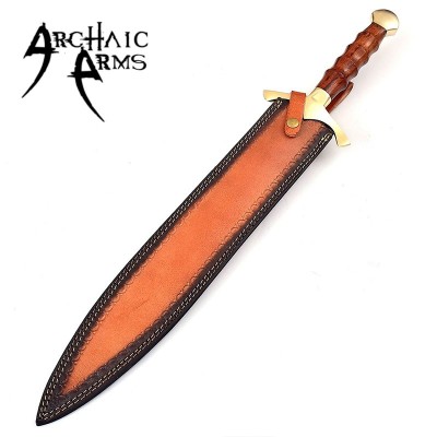 Hand-Forged Damascus Steel Leaf Blade Sword with Leather Sheath