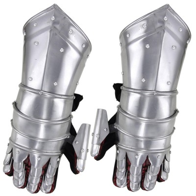 Medieval Knights 20G Steel Gauntlets with Suede Gloves & Leather Patch