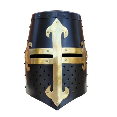 Knights Templar Brass-Trimmed Crusader Helmet – Black | 20-Gauge Steel