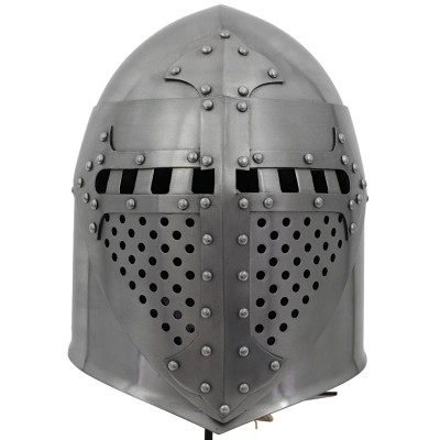 Full Face Sugar Loaf Helm – 16-Gauge Medieval Armor with Leather